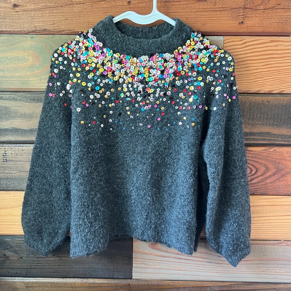 ZARA Grey Sweater with Cascading Sequins Women's Size S